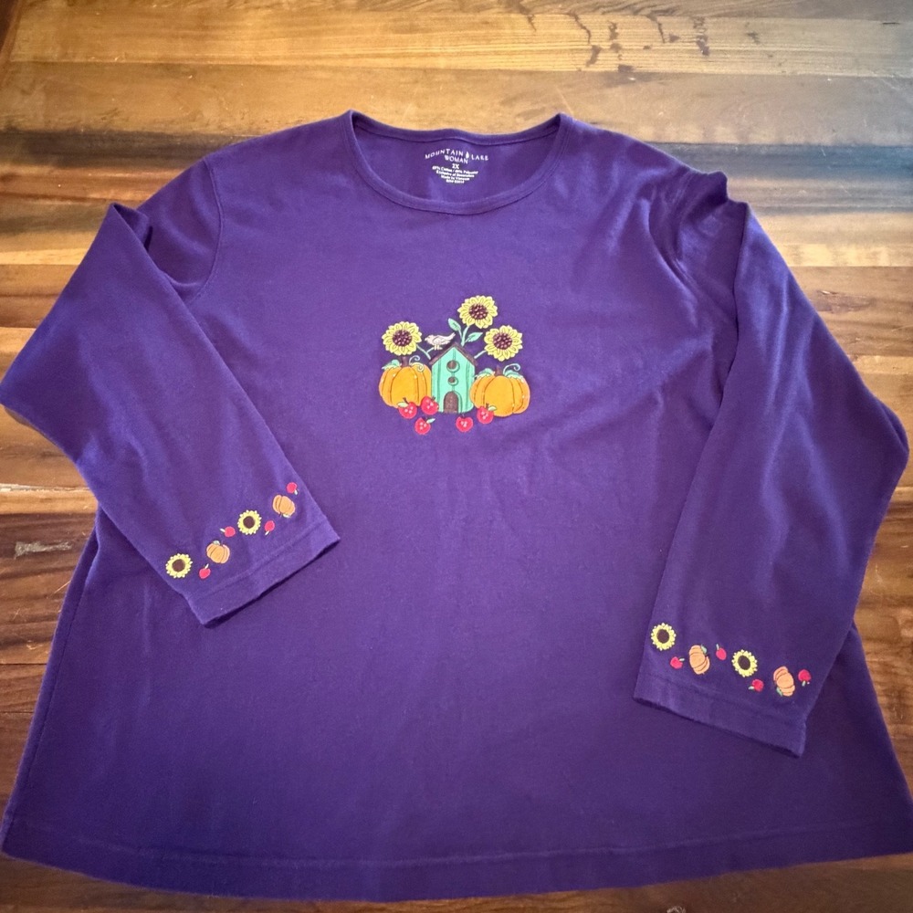 Mountain Lake Woman Purple Fall Embroidered Pumpkin Sunflower T-Shirt 2X